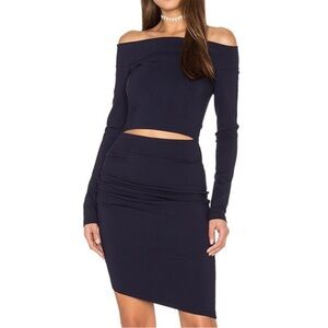 Bec and Bridge Navy Blue Trixie Off Shoulder Long Sleeve Front Cut Mini Dress 4